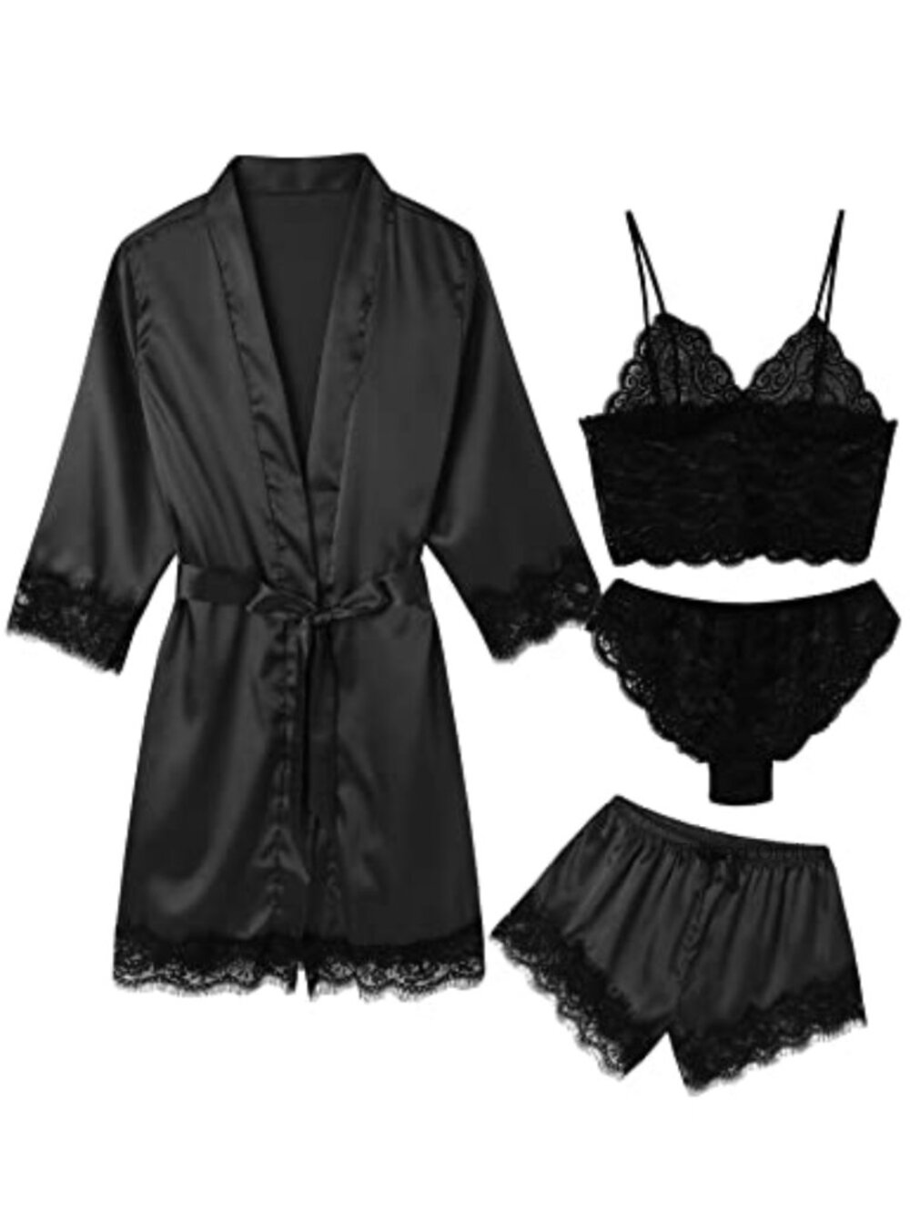 Satin Silk Lace Pajama Set with Robe 4 Piece